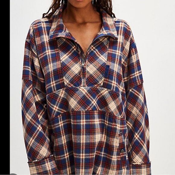 Free People We the Free Wind River Plaid Flannel Pullover Shirt Navy Combo NWOT - Picture 1 of 6